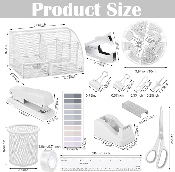 11 in 1 Desk Organizers and Accessories - White Office Supplies - Includes White Stapler, Tape Dispenser, Pen Holder, Staple Remover, Clips, Ruler, Scissors, Tapes, Tabs