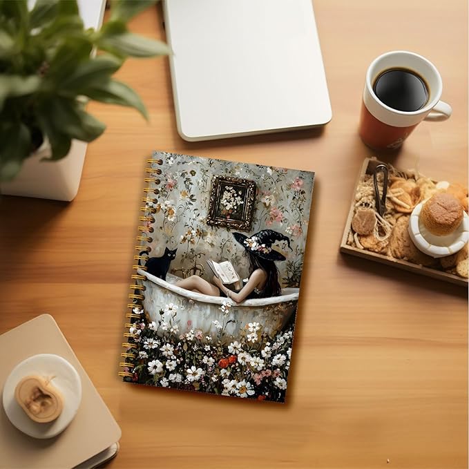 Witchy Notebook, Vintage Floral Black Cat Witch Journal Notebook, Dark Academia Gothic Notebook Journal, Witch Gifts, Witchy Gifts for Women, Goth Office Supplies, Spiral Notebook 5.5x8.3 Inch