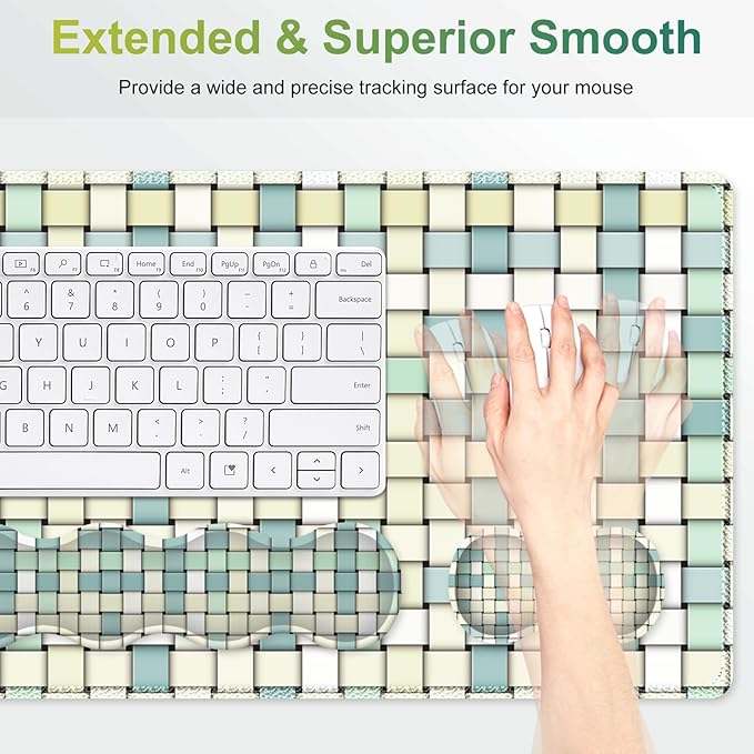 Desk Mat Gaming Mouse Pad, Cute Desk Matt Keyboard Wrist Rest for Desktop, Anti-Slip Mousepad Stitched Edges, XXL Large Mouse Pad with Wrist for Desk Computer I Green Woven Plaid Pattern