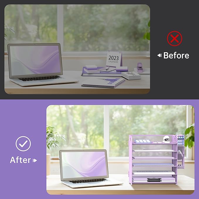 SUPEASY 6 Tier Paper Organizer with 4 Pen Holders, Mesh Letter Tray with Handle, A4 File Organizer, Purple