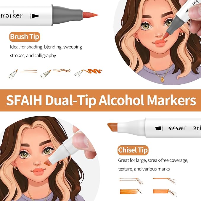 SFAIH Skin Tone Alcohol Markers Brush & Chisel - 25 Portrait Color Markers for Drawing, Coloring - Fast-Drying, Blendable Ink Marks for Artist Adults - Refillable Ink