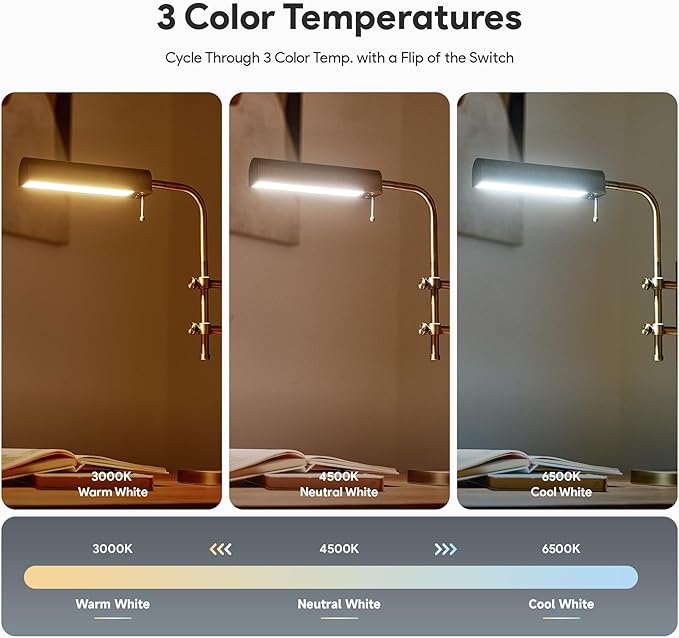 VONLUCE Rustic Desk Lamp, Adjustable Industrial Style Metal Table Lamp, 3 Color Temperatures LED Reading Lamp for Living Room Bedroom Office, Antique Gold