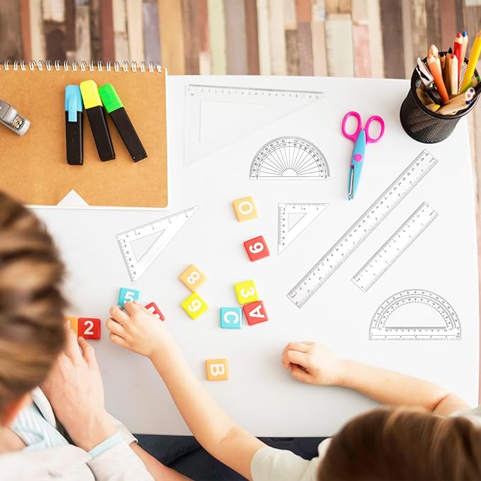 1 Set Plastic Clear Ruler Math Set, Includes 6" | 12" Long Straight Ruler, Triangles, Protractor Geometry Math Transparent Rulers for School Office Home Office Drawings (Transparent)