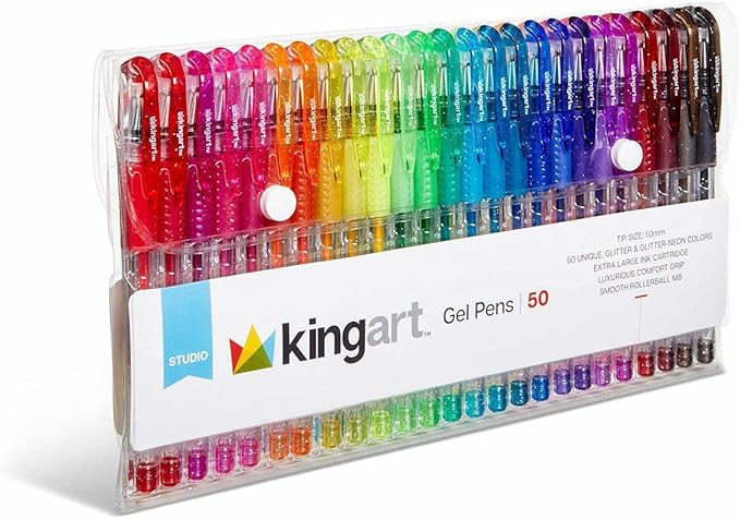 KINGART 400-50 Glitter Rollerball Gel Pens, 50 Sparkling Colors with Soft-Grip Comfort, XL Ink Cartridge - More Ink, Great for All Ages, Writing, Coloring, Doodling, Scrapbooking, Journaling & More