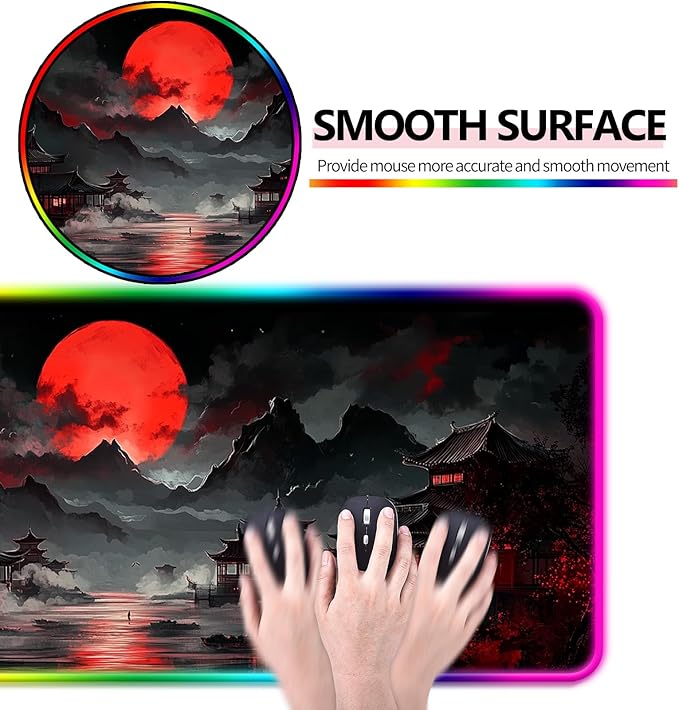 RGB Japanese Dreamy Lakescape Full Moon Gaming Desk Mat, Computer Keyboard Large Extended Long LED Mouse Pad for Office and Home, XL (W07)