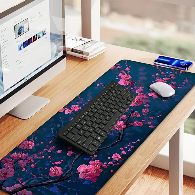 Elegant Cherry Blossom Mouse Pad – 31.5" x 11.8" Extended Desk Mat with Pink Peach Blossoms on Deep Blue Background – Large Non-Slip Surface for Home & Office Use