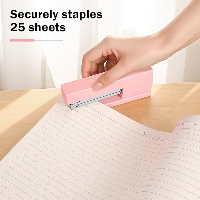 Office Desktop Stapler - 25 Sheet Capacity with 830 Staples and Staple Remover,Staplers for Desk,Non-Slip for School, Home, Pink