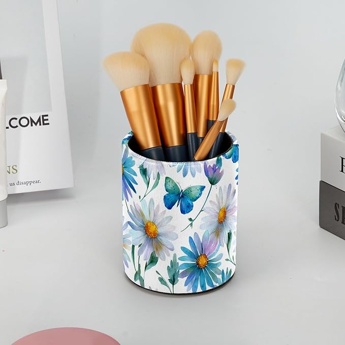 Leather Pen Holder for Desk Butterfly Daisy Pencil Cup Desktop Organizer Makeup Brush Holders Office Supplies for Home, Kids & School