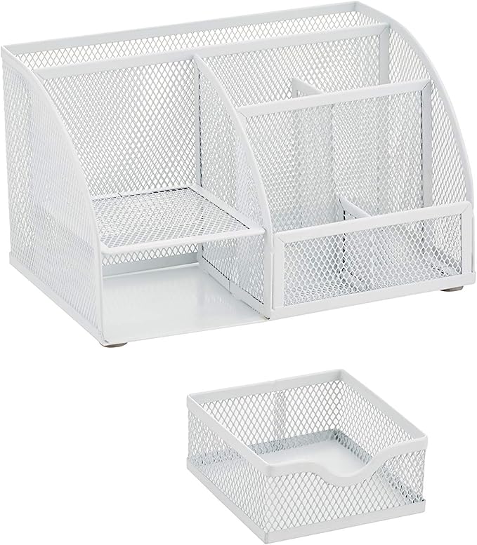 Annova Mesh Desk Organizer Office with 7 Compartments + Drawer/Desk Tidy Candy/Pen Holder/Multifunctional Organizer (White)