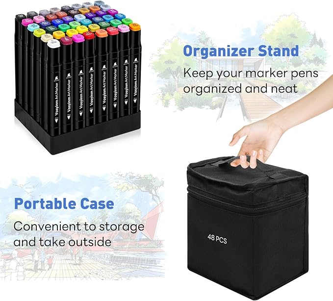 Alcohol Markers Set 48 Colors - Dual Tips Drawing Marker Alcohol Based Marker Pens for Adult Kids Coloring Painting Book Professional Art Supplies with Carrying Case