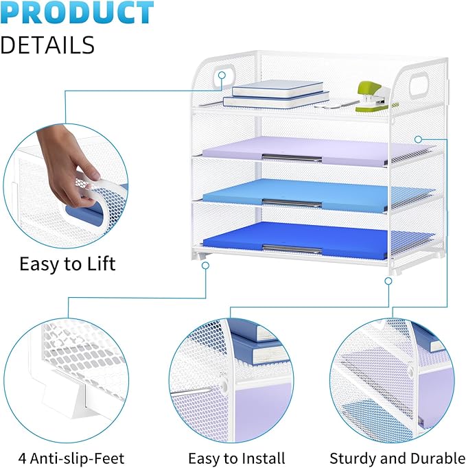 Marbrasse 4 Tier Paper Organizer Letter Tray, Mesh Desk File Organizer with Handle, Paper Sorter Organizer for Letter /A4 Office File Folder Holder（White, 12.6" x 9.1" x 10.7"）