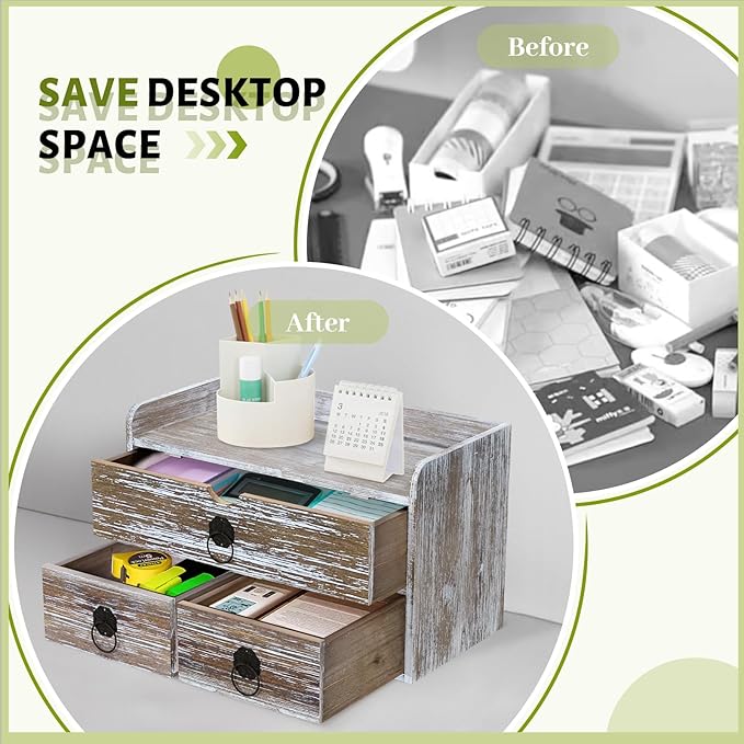 Washed Brown Wood Desk Organizer, Desktop Organizer with Drawers, Mini Tabletop Storage Organization Container for Home Office Supplies, No Assembly Required (3 Drawer and Shelf)