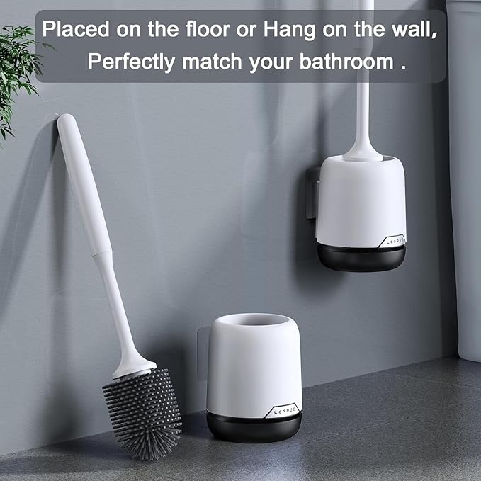 Lefree 2 Pack Silicone Toilet Brush,Rubber Toilet Bowl Brush and Holder Set with Ventilated Holder, Toilet Cleaner Brush for Bathroom,Floor Standing & Wall Mounted Toilet Scrubber Without Drilling