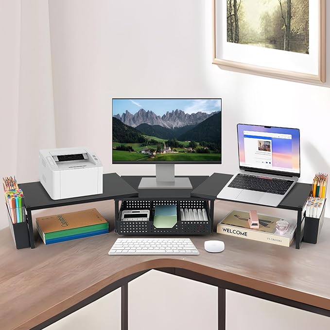 Desk Dual Monitor Stand Riser - Desk Organizer with Drawer and Pen Holders, Office Desk Accessories & Workspace Organization, Computer Monitor Stand for Laptop, Printer, TV(Black Wood)