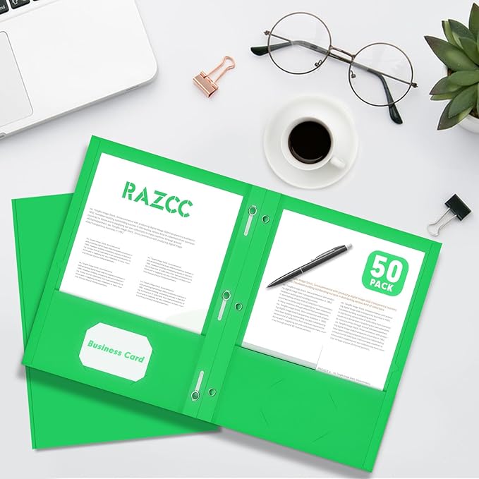 Two Pocket Folders, RAZCC 75 Pack Two Pocket Folders with Prongs, 3 Prong Folders Fit Letter Size Paper, Pocket File Folders for School Office Home Business, Green