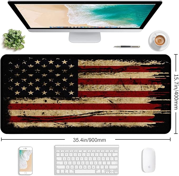 Large Extended Gaming Mouse Pad with Stitched Edges, Non-Slip Waterproof Rubber Base Mouse Pad for Office, Computer, Keyboard, Laptop and Home Desk Pad 35.4 x 15.7 x 0.12 Inch (American Antique Flag)