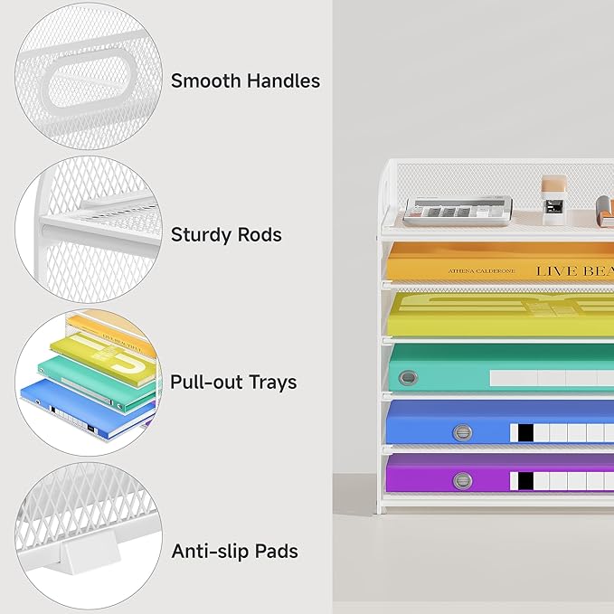6 Tier Paper Organizer with Handle, Metal Desk Organizer Mesh Paper Letter Tray Desktop File Folder Document Sorter for Classroom, School, Office Accessories Organization and Storage - White