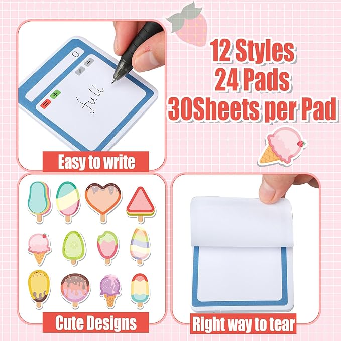 Yinder 24 Pads Cute Sticky Notes Kawaii Fun Animal Sticky Notes Pads Bulk Cartoon Memo Self Adhesive for Veterinary Gift Office School Tab Party Supplies(Ice Cream)