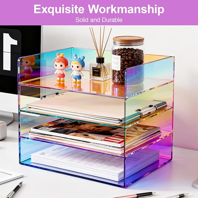 Gelite Acrylic File Organizer for Desk 4 Tiered Stackable Letter Tray Office Paper Storage Desktop Document Sorter, Iridescent