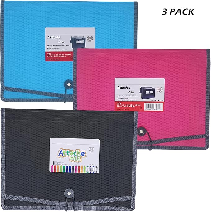 Premium Quality Plastic Expanding File Folder Document Organizer, 3.5" Expansion, A4 Letter Size for Home School Office Organization, 3 Pack