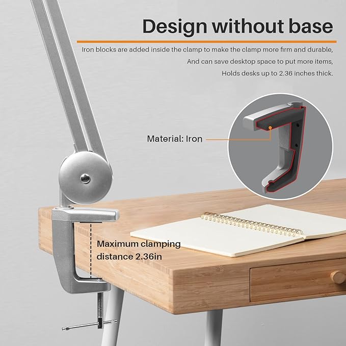 Task Lamp with Clamp, Bright 117PCS LEDs, Metal Swing Arm 24W 2200 Lumen Dimmable Led Desk Lamp for Architect Home Office Study Reading Dorm Workbench Craft, 23 Inch Working Lamp(Silver)