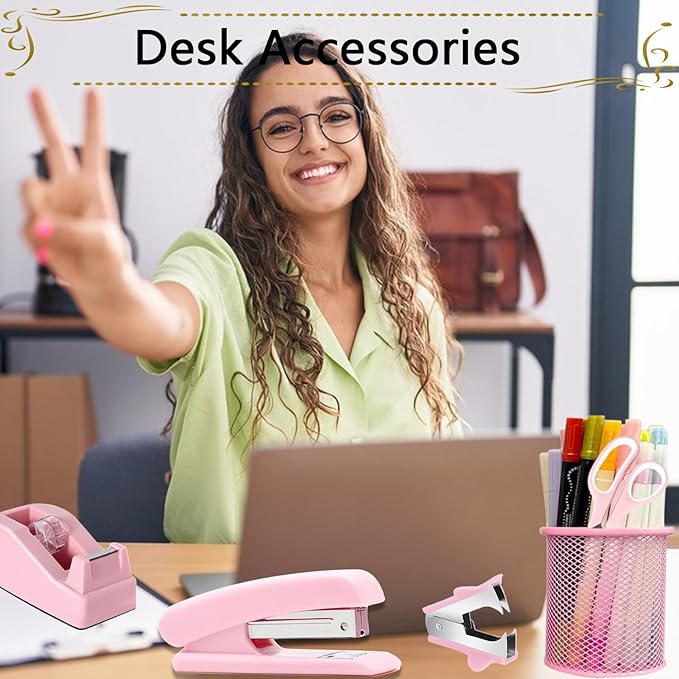 Office Supplies,Desk Accessories, Stapler and Tape Dispenser Set for Women with Stapler, Tape Dispenser, Staple Remover, Staples, Clips, Scissor and Tabs,Gift for Students, Coworkers