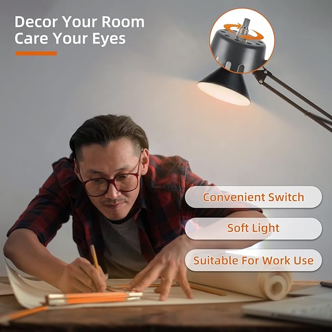 Desk Lamp for Home Office Eye-Caring Metal Extra Tall Swing Arm High Intensity Clamp Flexible Gooseneck w/A19 E26 LED Bulb Side Table Working Reading Architect Computer Workbench Puzzle Warm Light