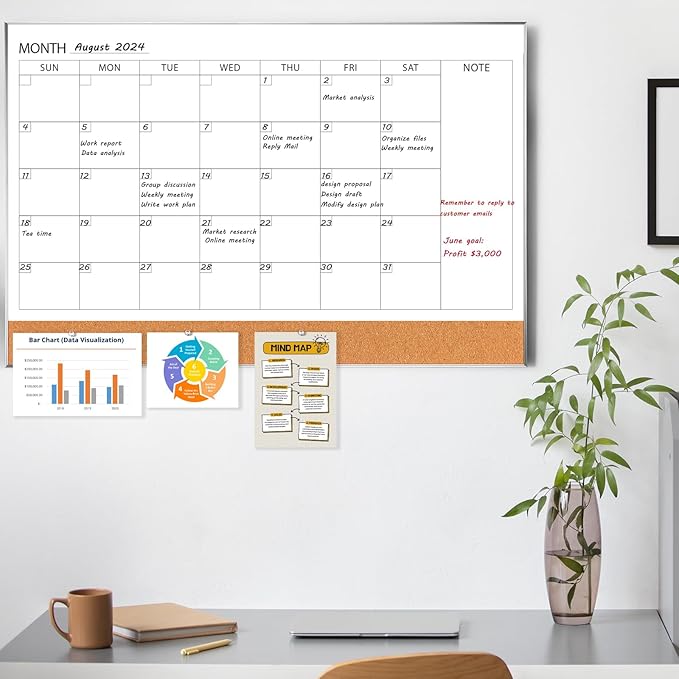 ARCOBIS Dry Erase Calendar with Cork Board for Wall, 36"x 24" Magnetic Calendar Whiteboard with Silver Frame, Monthly Combination Board for School, Home, Office