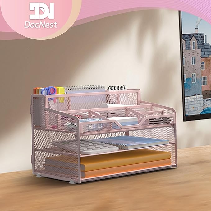 Docnest 3 Tier Mesh Desk Organizer for Paper Office Supplies – Multi-Functional Letter Tray with 5 Adjustable Compartments, 3 Pen Holders, Desktop Storage for Files, Mail, Stationery – Pink