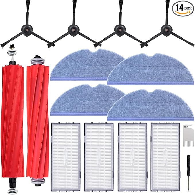 Pmosata S7 Replacement Parts for Roborock S7 MaxV Plus T7S Robot Vacuum - 2 Main Brushes, 4 Mop Cloths, 4 Filters, 4 Side Brushes, Red