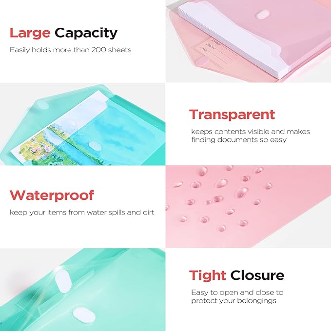 Sooez 40 Pack Plastic Envelopes, Plastic File Folders, Clear Folders for Documents Trendy Colors, Super Heavyweight Document Holders, Storage Pouches, File Envelopes for School Office Supplies