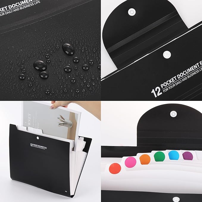 2Pcs Accordion File Organizer with 12 Pockets - Expandable File Folder for Paper, Portable Multi Pocket Folder for School Office Supplies,Black
