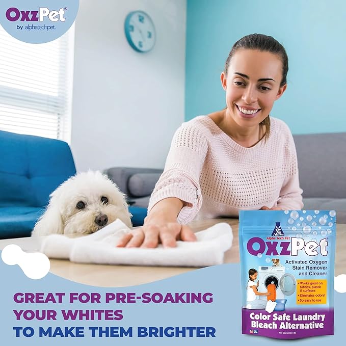 OxzPet Laundry Whitener - Color Safe Bleach Alternative, Stain and Odor Eliminator Pet Detergent for Fabrics and Surfaces, 3 LB by Alpha Tech Pet