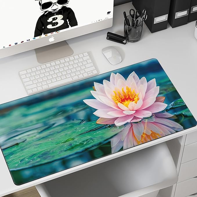 MIOAOSRT Desk Mat,Beautiful Pink Lotus Large Gaming Mouse Pad with Stitched Edges,Non-Slip Computer Mouse Pad for Desk,Extended XXL Keyboard and Mouse Pad 35.4x15.75 in