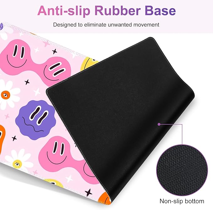 Gaming Mouse Pad Keyboard Wrist Support, 4 in1 Mousepad with Wrist Keyboard Rest, Computer Desk Mat, Non-Slip Desk Pad Protector with Memory Foam Easy Typing Pain Relief I Cute Hippie Smiley