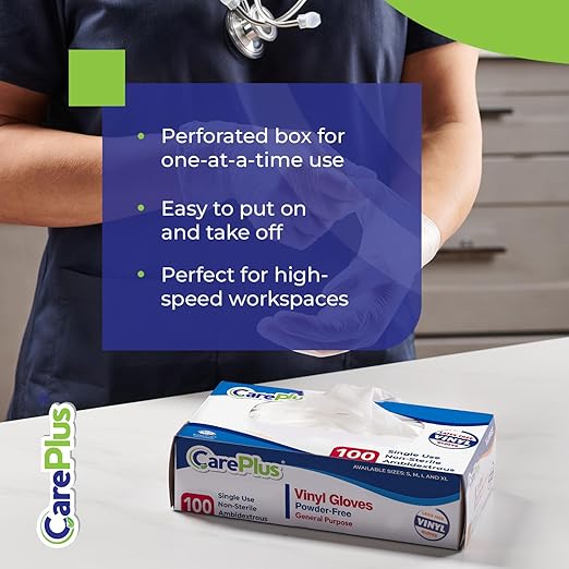 CARE PLUS Vinyl Gloves Clear Large Size 100 Count | Heavy Duty, Non-Sterile, Powder-Free, Latex-Free Rubber | Food Prep, Kitchen & Cleaning Gloves, Ideal for Professional Use