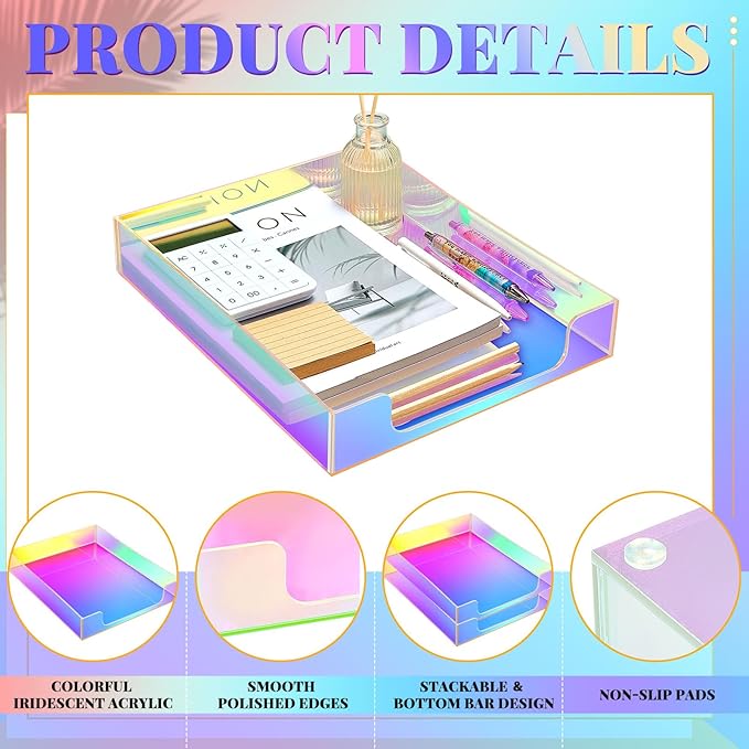 Maxcheck 2 Pcs Iridescent Acrylic Letter Tray Organizer Stackable Desk Paper Tray with Non Slip Rubber for Office Accessories Desk File Document Folder Notebooks Stationery