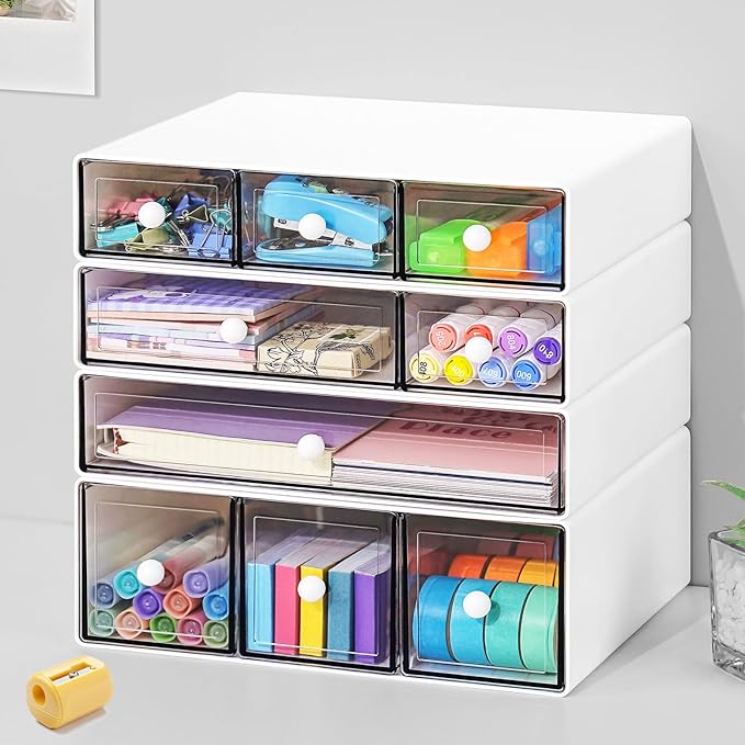 Desk Organizer with 9 Drawers, 4 Tier Plastic Stackable Storage Drawers for Desk Storage, Office Stationary Makeup Organizer Suit for Home, Office and School