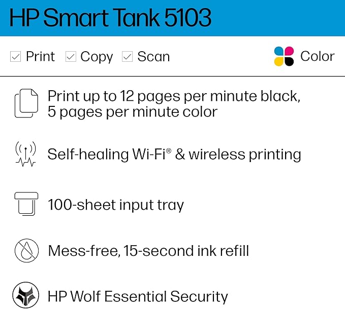 HP Smart Tank 5103 Wireless All-in-One Ink Tank Printer, Scanner, Copier with 2 Years of Ink and 100 Sheets of Photo Paper Included, Best-for-Home, Refillable, AI-Enabled (5D1B2A)