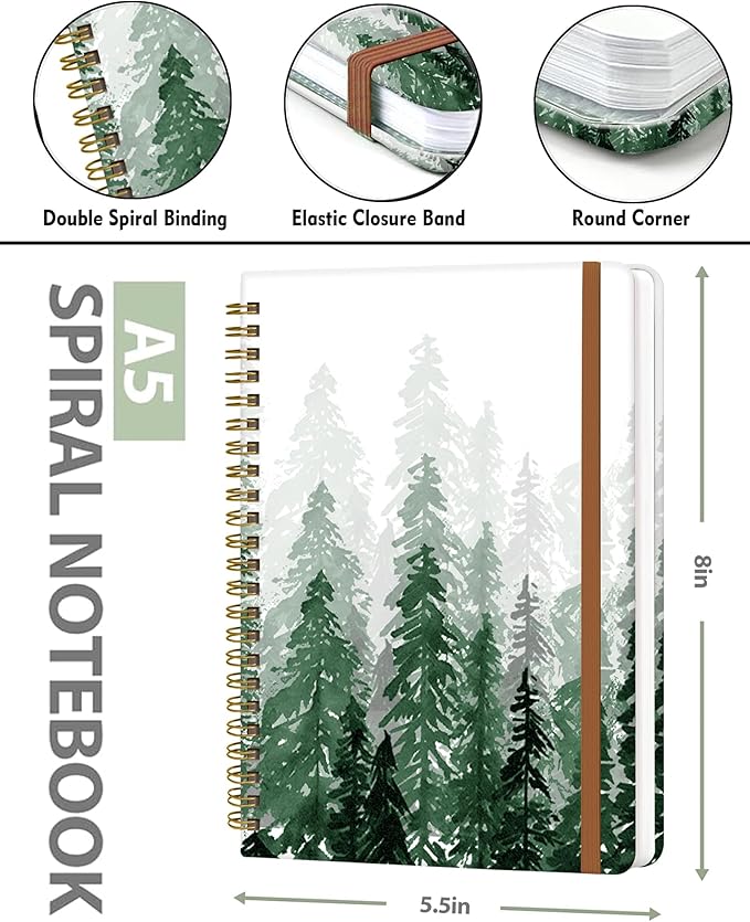 Spiral Journal Notebook for Women, Hardcover A5 College Ruled Notebook, 120 Pages, Thick Paper, Cute Lined Journal for School, Office & Work, 6 x 8.4 in(Green Tree Forest)