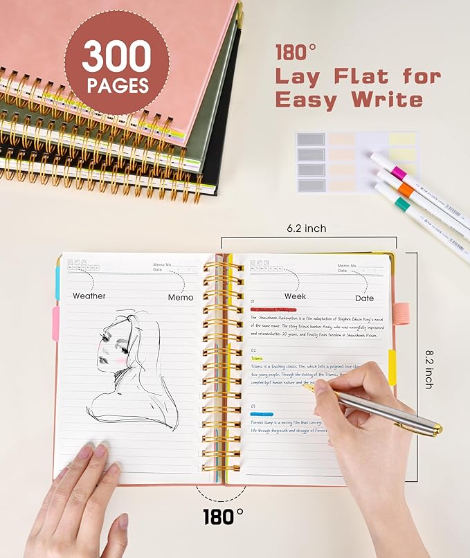 Hardcover Spiral Notebook journal with Removable Dividers Tabs, 300 Pages Leather 5 Subject Notebook College Ruled, 100GMS A5 Notebooks for Work School Note taking,Lined Journal for Women,A5-Green