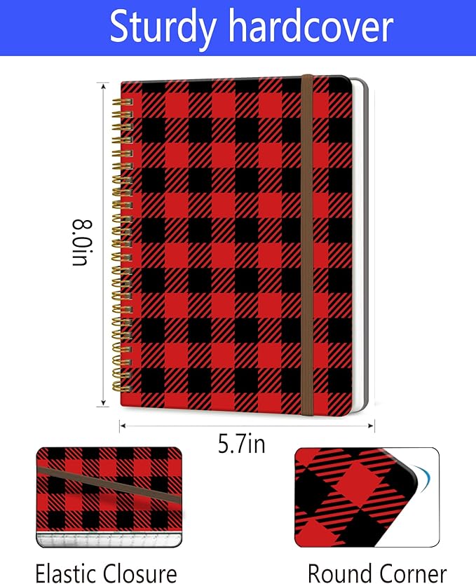 Spiral Journal Notebook, A5 Cute Notebooks for Women Men, College Ruled Hardcover Notebook for Work & Note Taking, 60 Pages Double-Wire Journals for Writing, Black Red Plaid