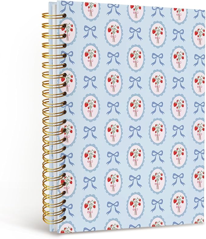 MOFUYU Blue Bow Spiral Journals for Women,Cute Notebooks for School,Strawberry Preppy Aesthetic Spiral Notebook,Strawberry School Supplies,A5 Size 5.5x8.3