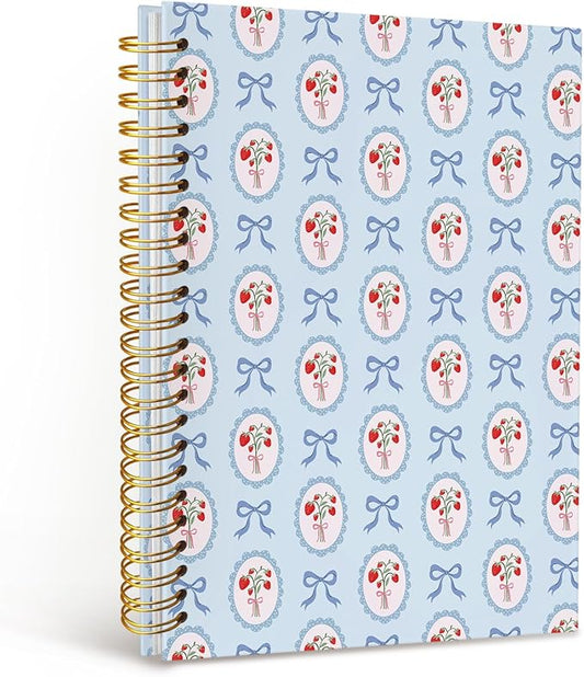 MOFUYU Blue Bow Spiral Journals for Women,Cute Notebooks for School,Strawberry Preppy Aesthetic Spiral Notebook,Strawberry School Supplies,A5 Size 5.5x8.3