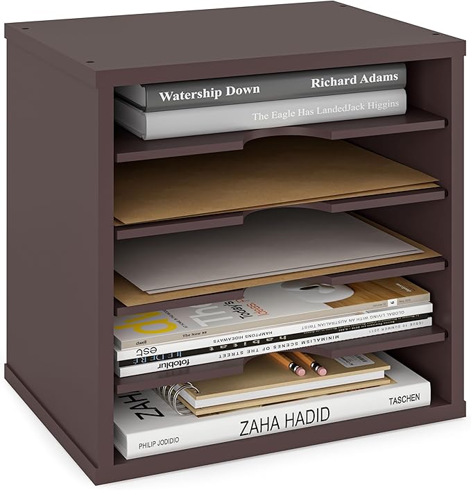Ballucci File Organizer Paper Sorter, 5 Tier Stackable Office Desk Organizer, Classroom Letter Tray, 13 5/8" x 9 1/4" x 12", Dark Brown