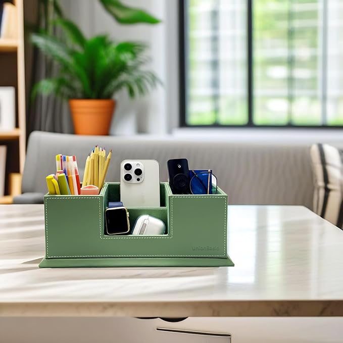UnionBasic Desk Organizer, Desktop Caddy Leather Multi-compartment Pen Holder Office Stationer Organizer, Malachite Green