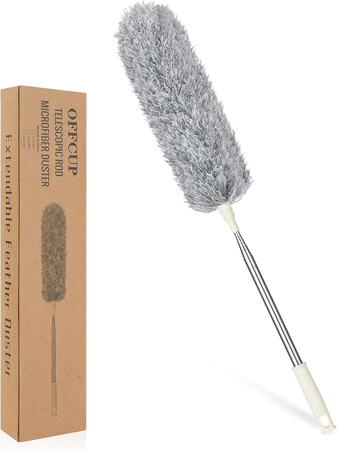 OFFCUP Microfiber Feather Duster, Extendable Dusters with Extra Long 100 inches Telescopic Pole and Bendable Head, Hand-Duster for Cleaning High Ceiling Fans, Cars, Blinds, Cobweb (Grey)