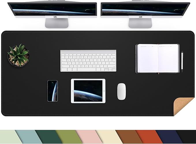 AFIING Leather Desk pad Protector, Large Non-Slip Office Desk Mat with Natural Cork & PU Leather, Waterproof Writing Mouse Pad for Office and Home (55in*17in,Black)