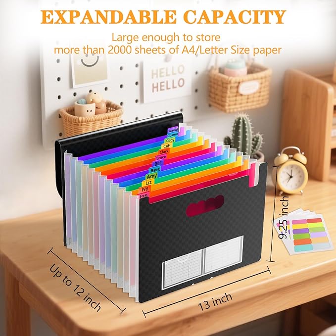 4 Pack Waterproof Accordion File Organizer, 13 Pockets Expanding File Folder with Colored Blank Tabs, Suitable for Students and Office Workers to Manage and Store Documents（Black）