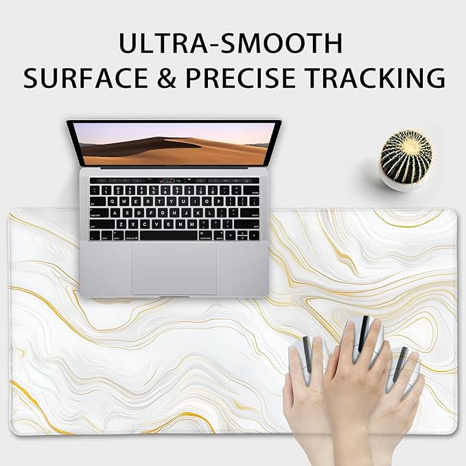 Marble Pattern Large Gaming Mouse Pad 31.5"x15.7"｜ Gold Topographic XXL Desk Mat, Non-Slip Rubber Base & Stitched Edges - Extended Waterproof Mousepad for PC/Laptop/Office/Home Decor